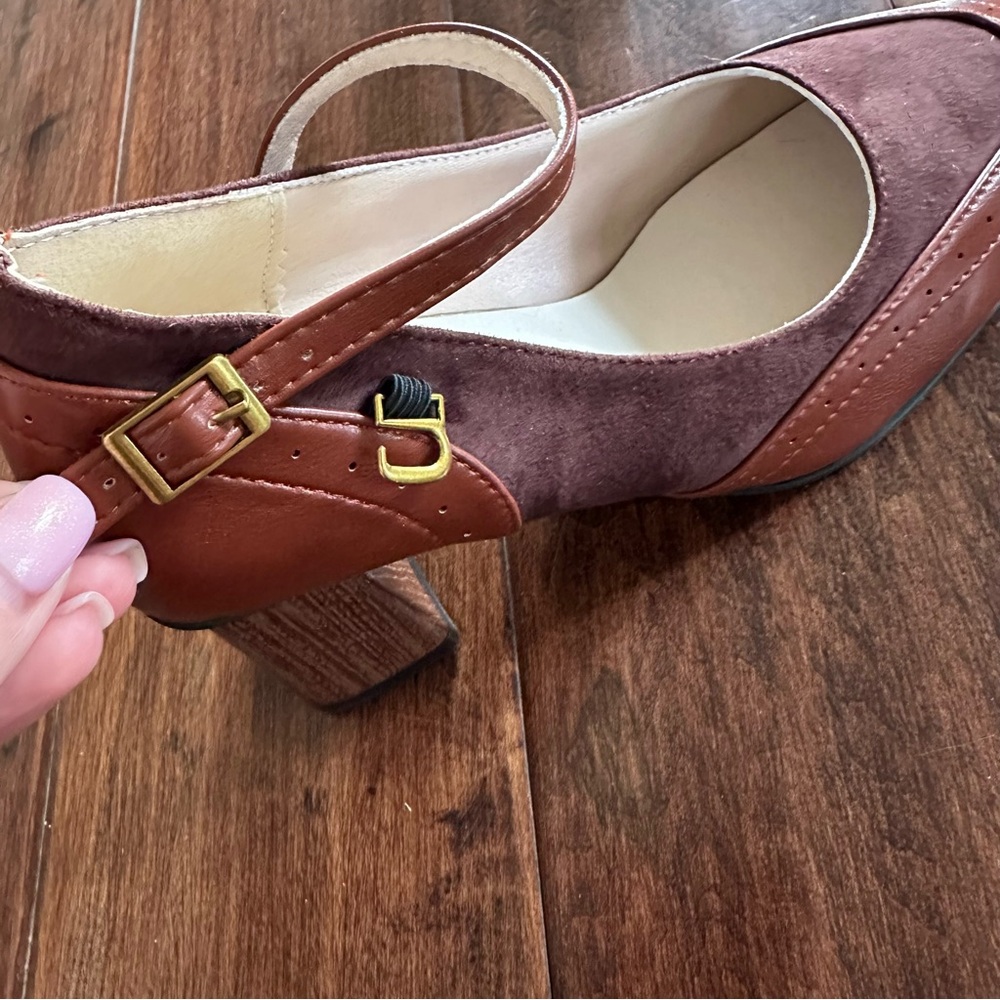 Vintage Style Brown Suede & Leather Mary Jane Heels Square Toe Dark Academia - Picture 8 of 9